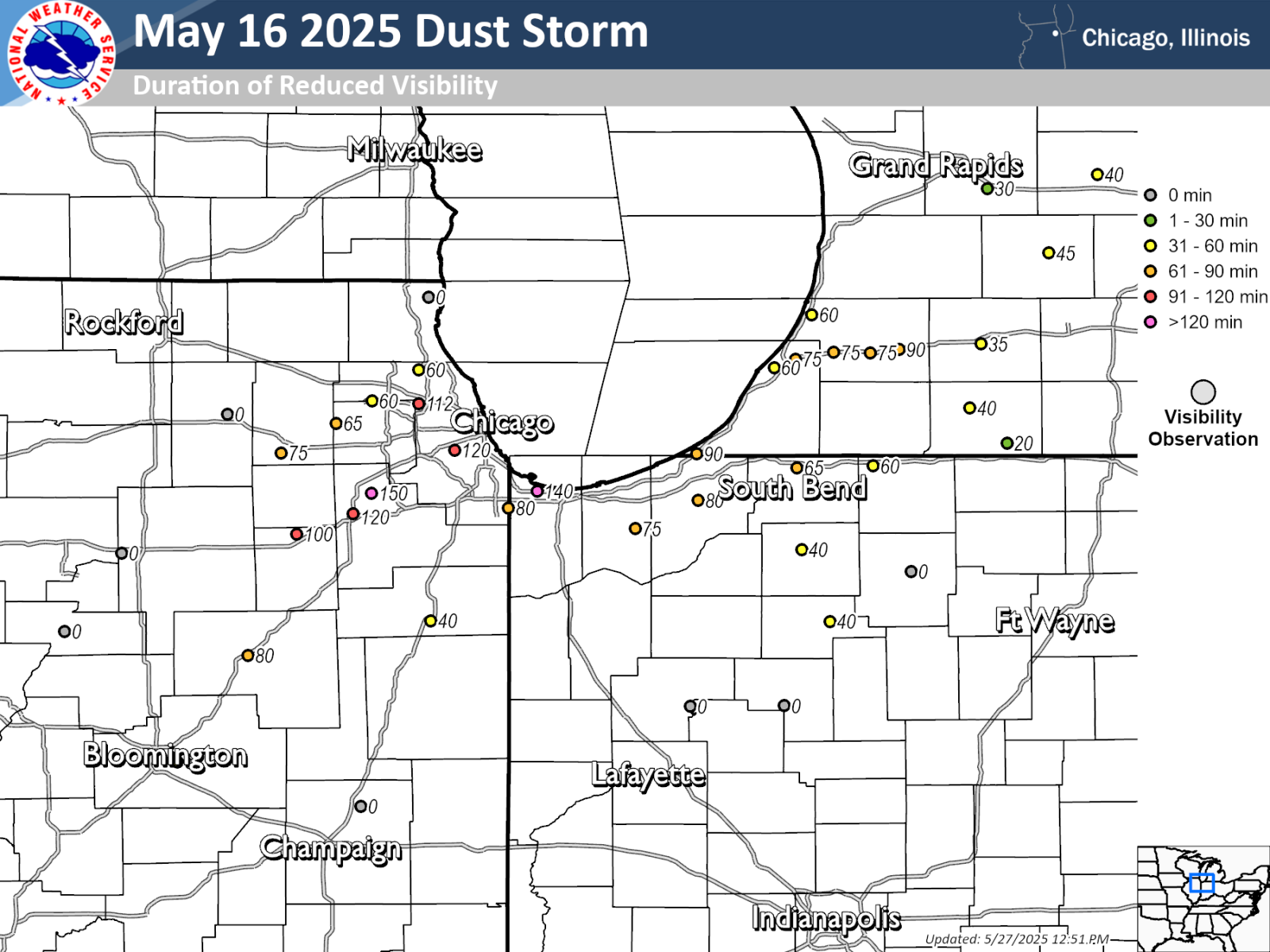 Map showing the duration of time that visibilities were reduced due to blowing dust during the May 16 2025 dust storm event. Most areas impacted by the dust storm are indicated as having reduced visibilities for about 45 minutes or longer, with the longest visibility reductions depicted near the Chicago metropolitan area.