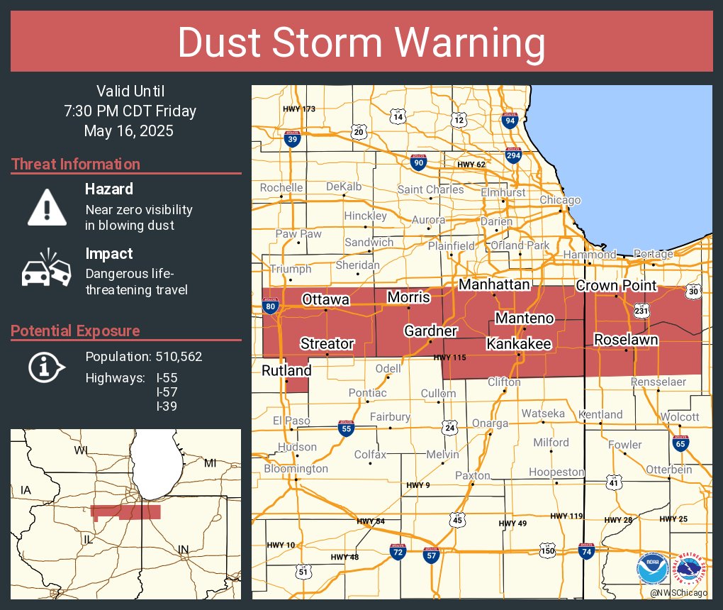 Map showing area impacted by a dust storm warning issued at 5:32 PM CDT. Areas near Ottawa, Streator, Morris, Gardner, Manhattan, Manteno, and Kankakee are highlighted in Illinois. Areas near Roselawn and Crown Point are highlighted in Indiana.