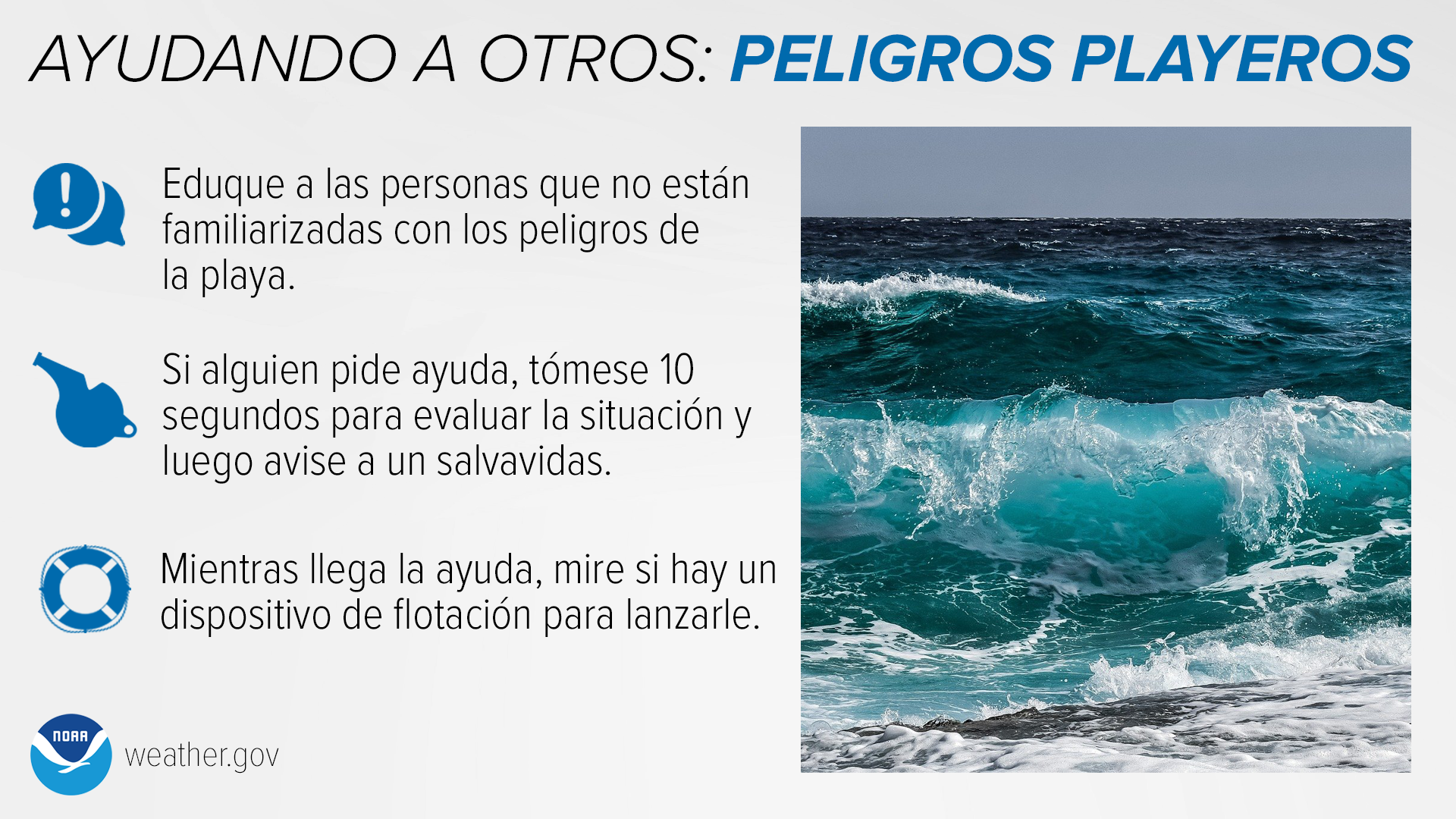 Ayudando a Otros: Peligros Playeros: Eduque a las personas que no estÃ¡n familiarizadas con los peligros de la playa. Si alguien pide ayuda, tÃ³mese 10 segundos para evaluar la situaciÃ³n y luego avise a un salvavidas. Mientras llega la ayuda, mire si hay un dispositivo de flotaciÃ³n para lanzarle.