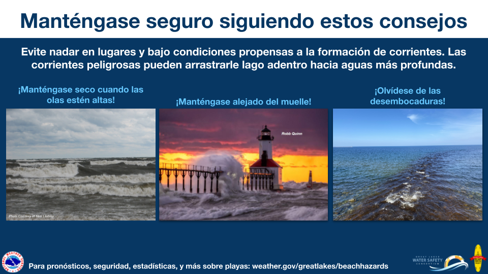 MantÃ©ngase seguro siguiendo estos consejos. Evite nadar en lugares y bajo condiciones propensas a la formaciÃ³n de corrientes. Las corrientes peligrosas pueden arrastrarle lago adentro hacia aguas mÃ¡s profundas. Â¡MantÃ©ngase seco cuando las olas estÃ©n altas! Â¡MantÃ©ngase alejado del muelle! Â¡OlvÃ­dese de las desembocaduras! Para pronÃ³sticos, seguridad, estadÃ­sticas, y mÃ¡s sobre playas visite: weather.gov/greatlakes/beachhazards