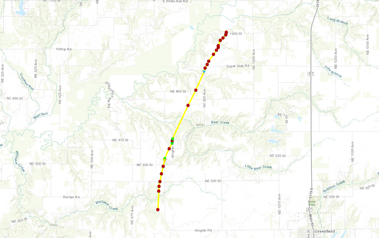 A map of the track of the Wrights, IL tornado on October 11, 2021.