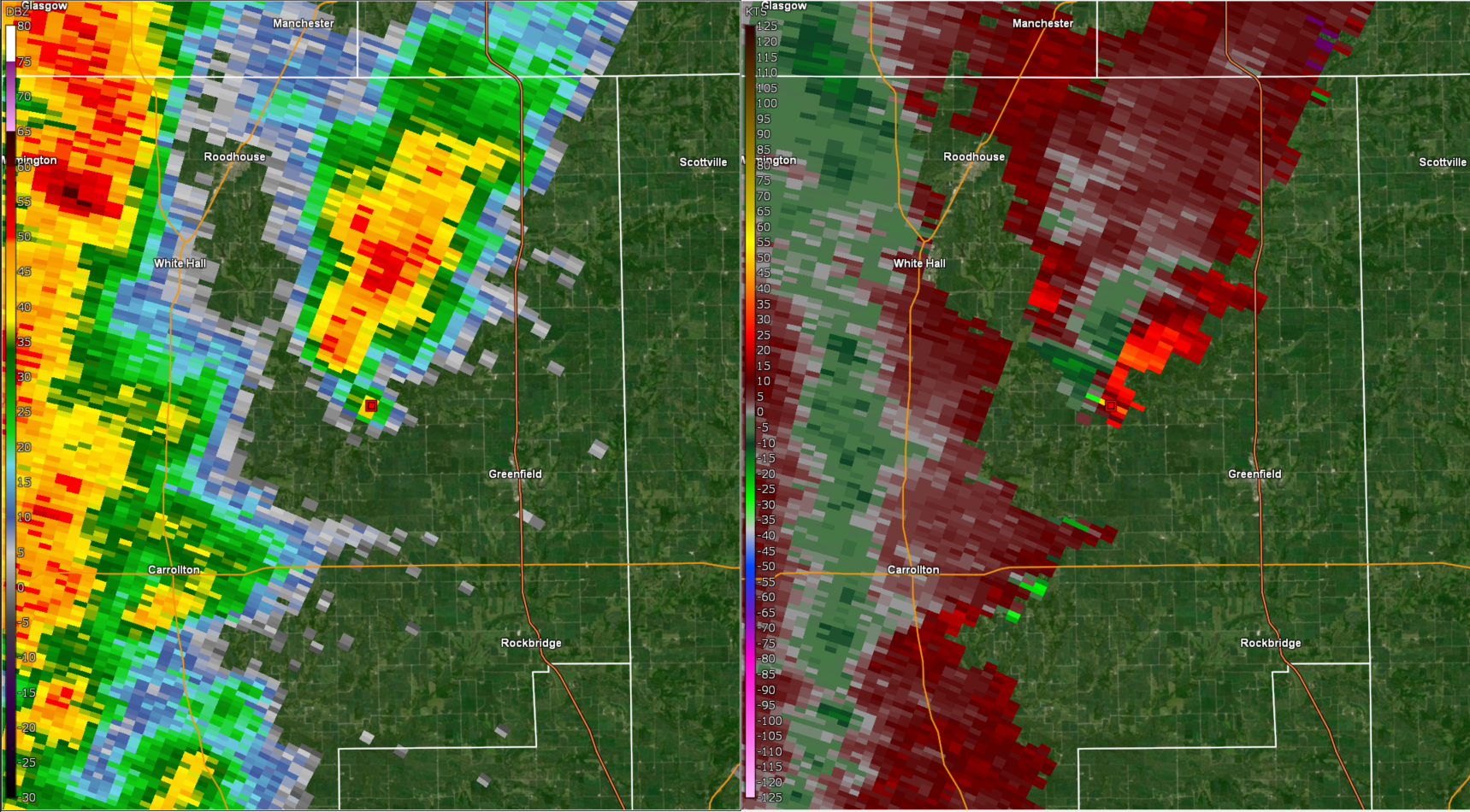 A two panel radar image of the Wrights, IL tornado at 238 PM. Left image is half degree reflectivity and right image is half degree relative velocity.