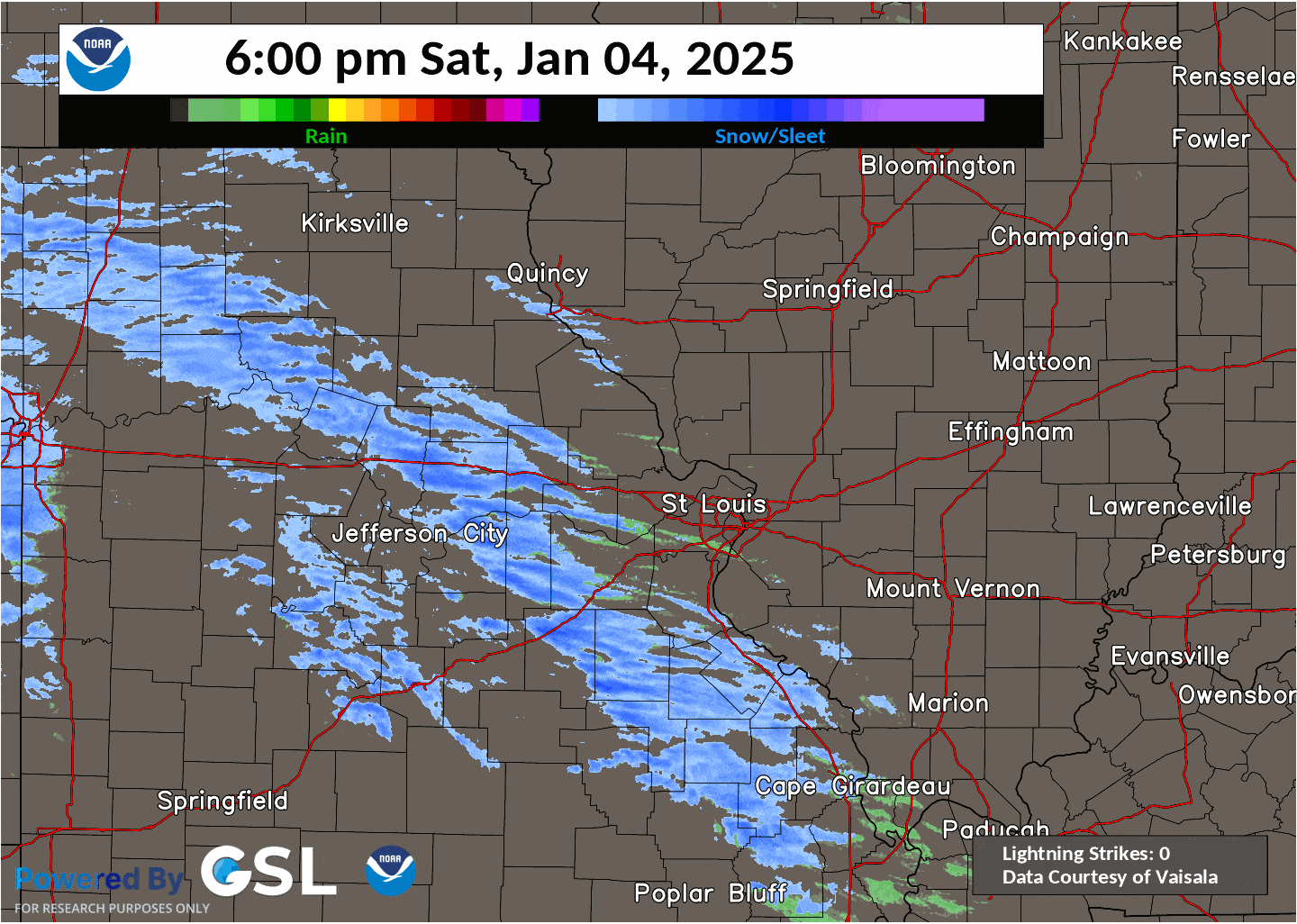 A radar mosaic loop of the winter storm with estimated rain and snow delineation and lightning strikes from 6 pm January 4th through 9 am January 6th.