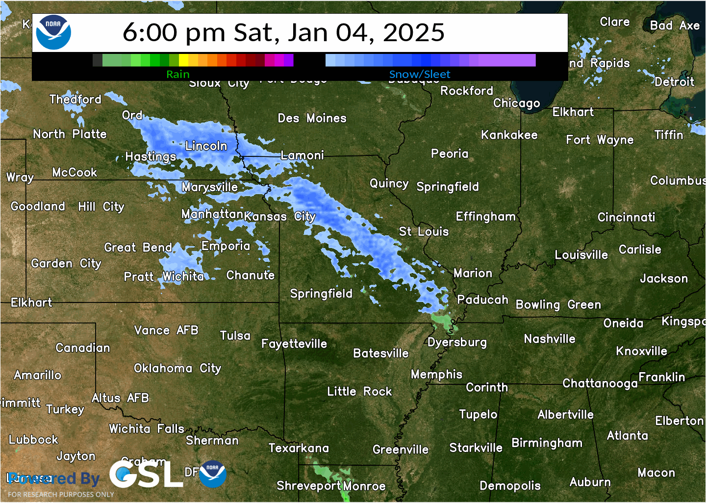 A radar composite with precipitation types for the first half of the event (6 pm Saturday, 1/04 - 6 pm Sunday, 1/05). Some of the heaviest snowfall rates and a majority of the local sleet and freezing rain accumulations occurred during this period.