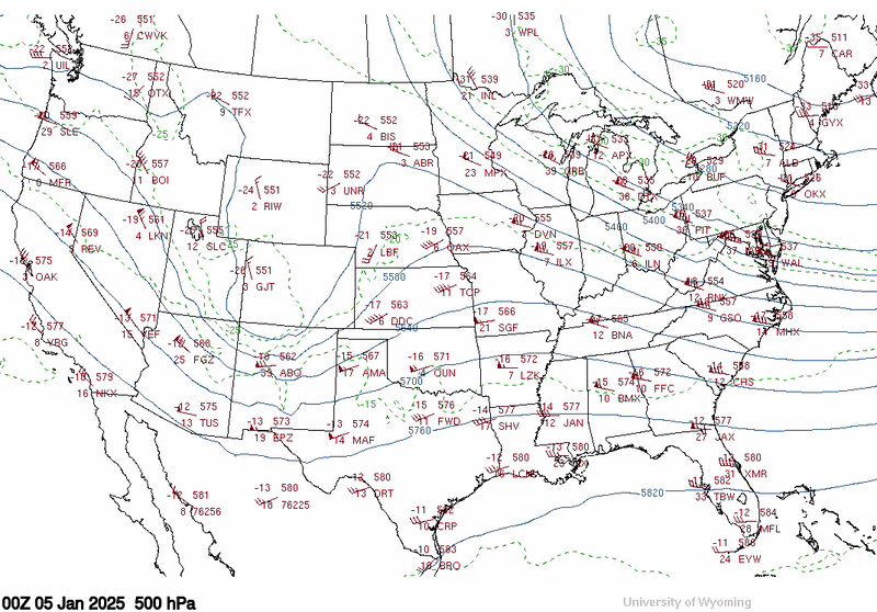 This loop shows the west-to-east progression of a deepening 500 mb trough (contours). Note the strong wind barbs along the base of this trough, which is indicating a powerful jet streak with winds reaching near 110 mph as it passed through the area.
