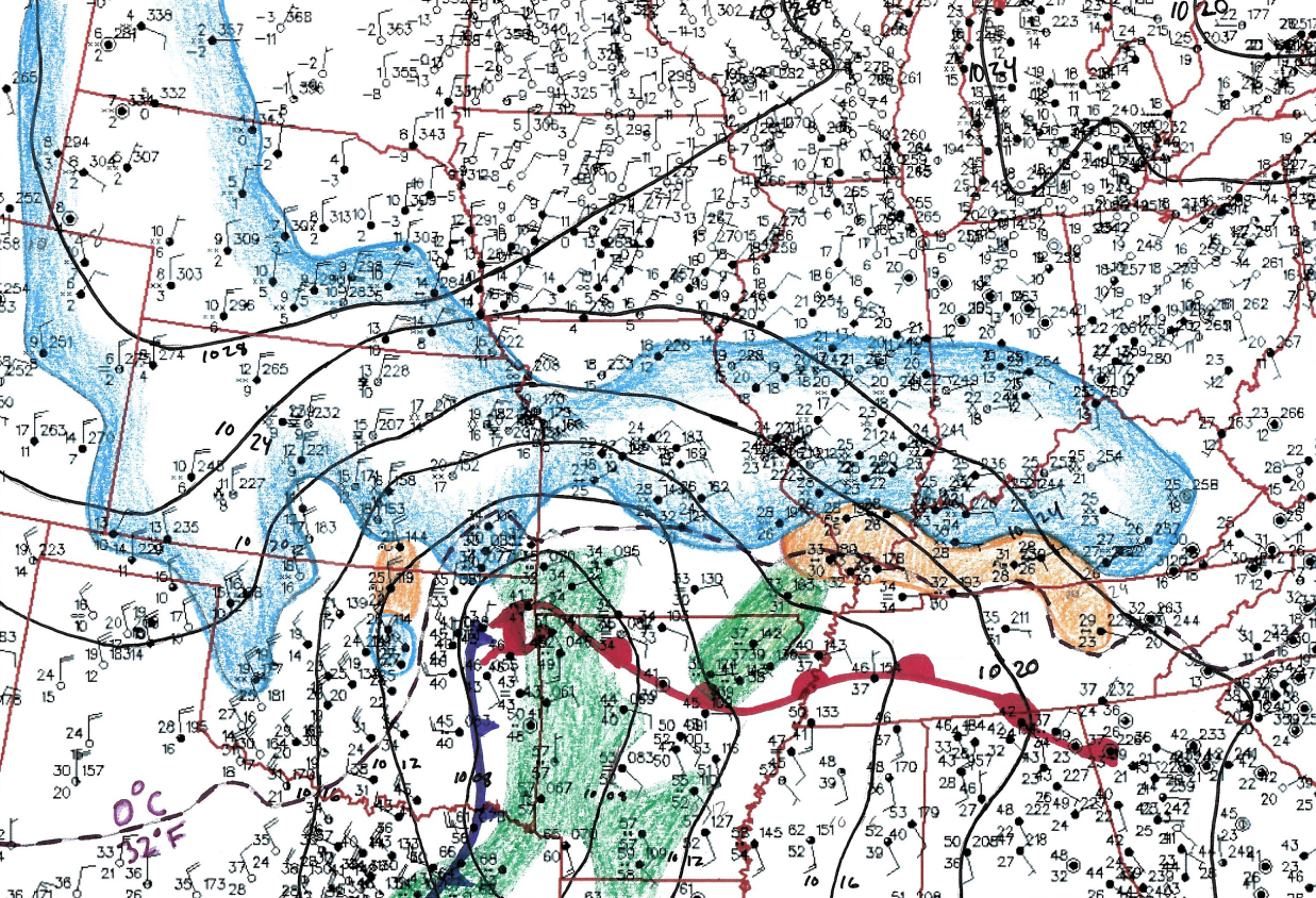 This is a hand-drawn analysis of surface observations taken near the peak of the storm intensity, which was roughly 9 AM Sunday morning. Note the broad area of snow (blue shading) stretching from the high plains to eastern Kentucky, mixed precipitation across southeast Missouri and southern Illinois (orange shading), and both rain (green shading) and thunderstorms across far southern Missouri and Arkansas.