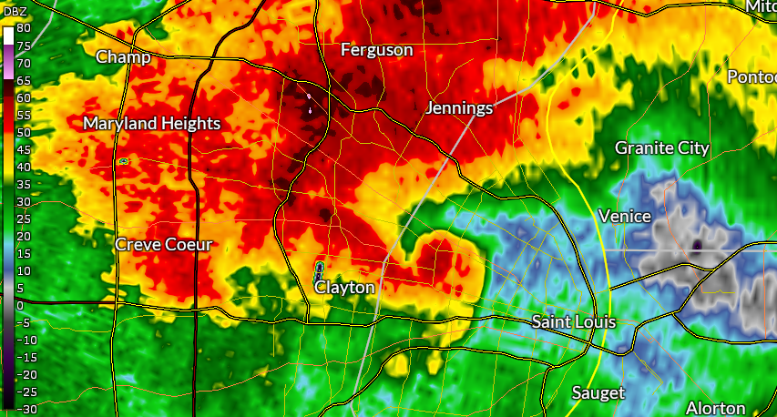 KLSX radar image from 2:43 pm CDT showing a hook echo