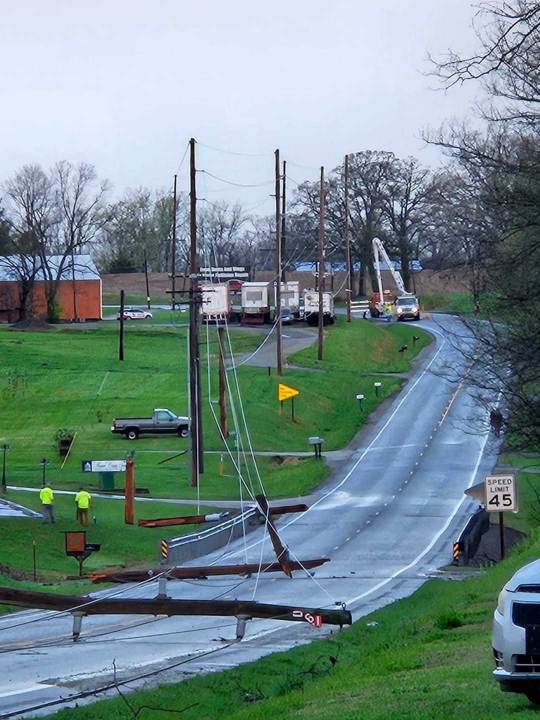 Downed power poles near Chester Illinois