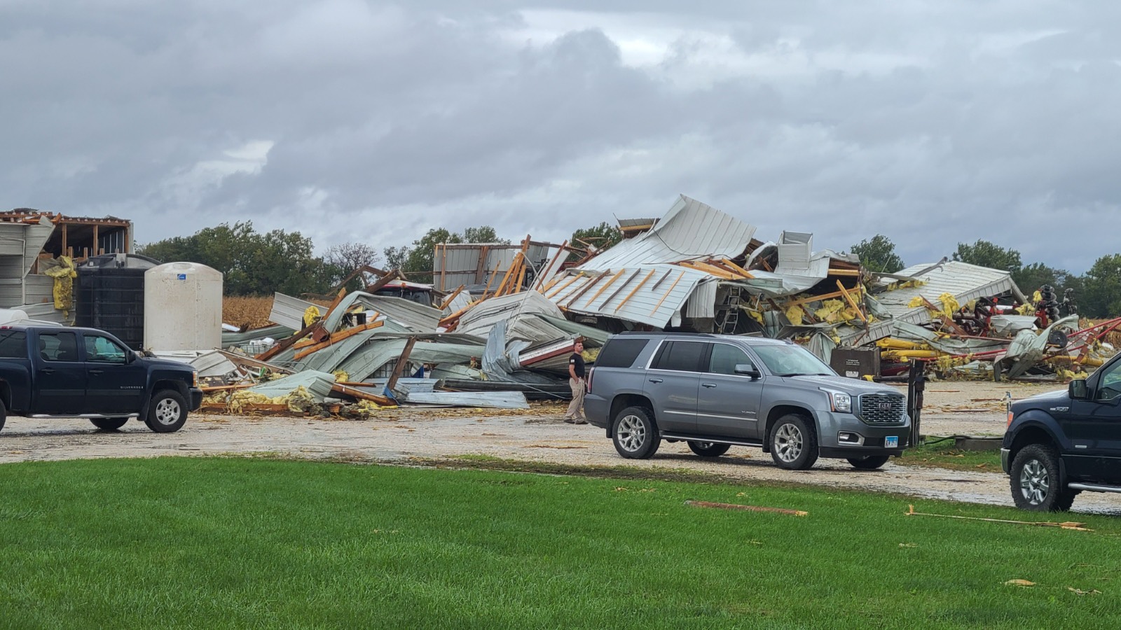 Photo of the damage to several structures in Wrights, IL.