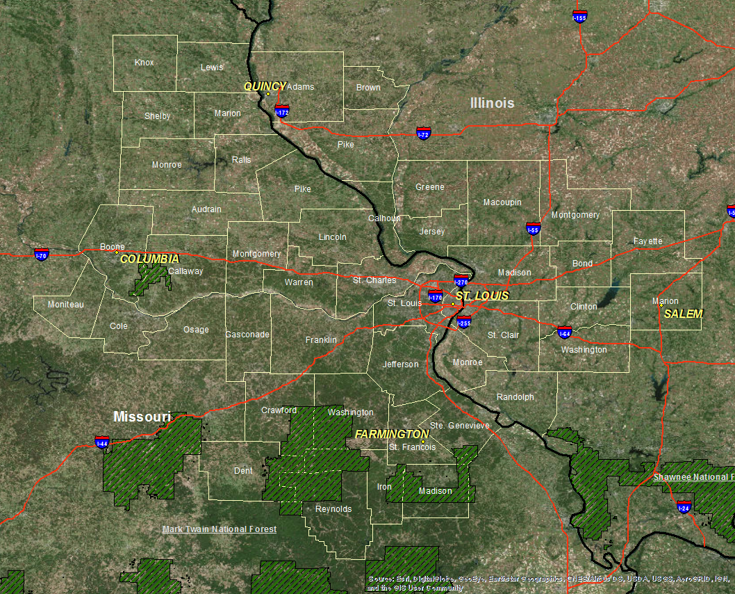 Map of NWS Saint Louis forecast area. Click on county for fire weather forecast for that county.