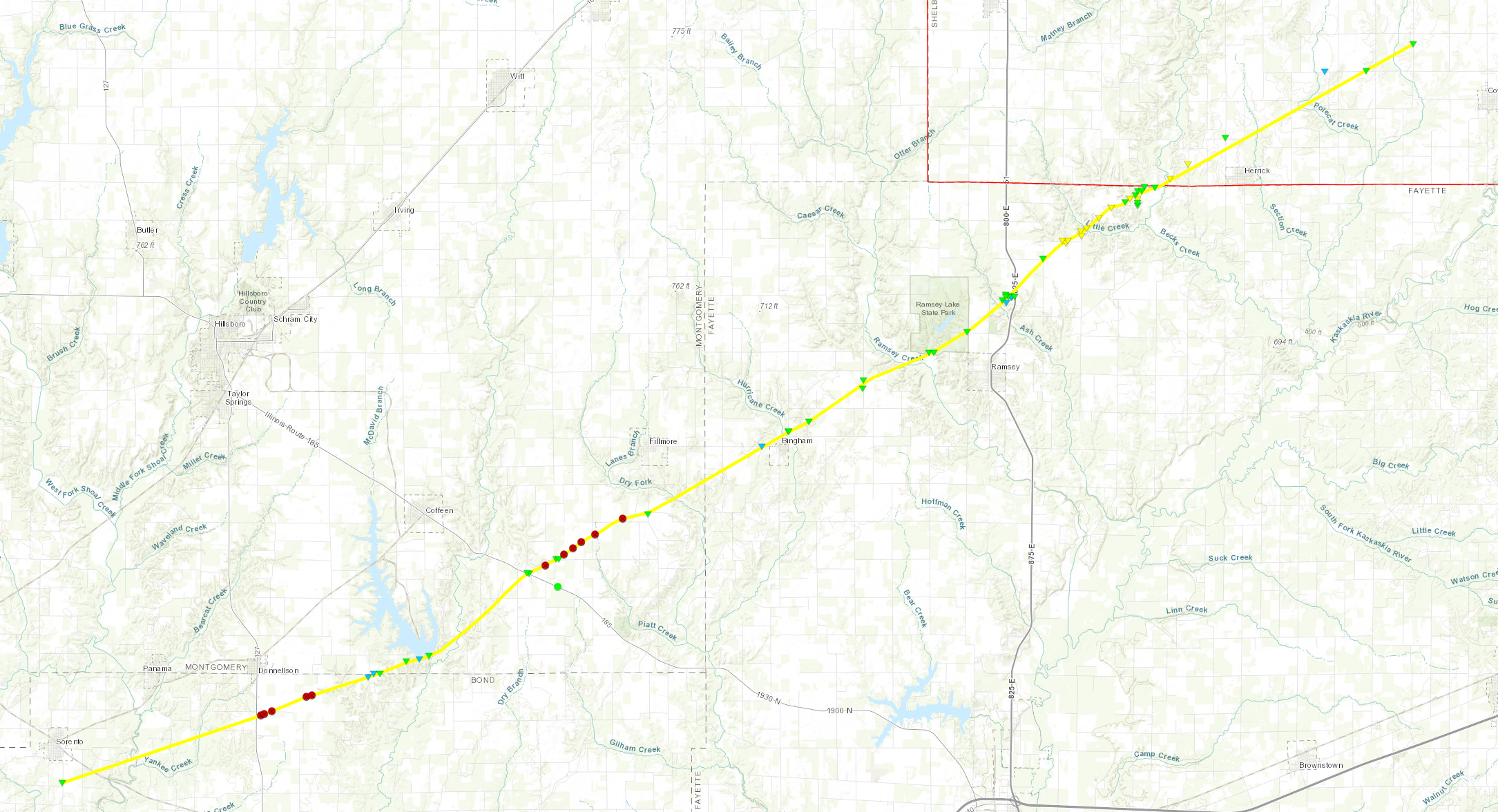 A map of the track of the Ramsey, IL tornado on December 10, 2021.