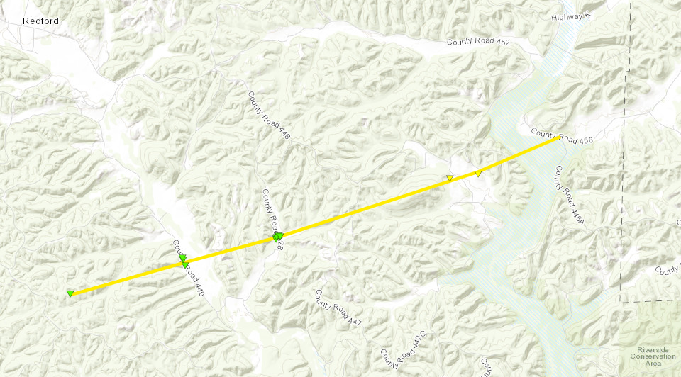 A map of the track of the Ellington, MO tornado on December 10, 2021.