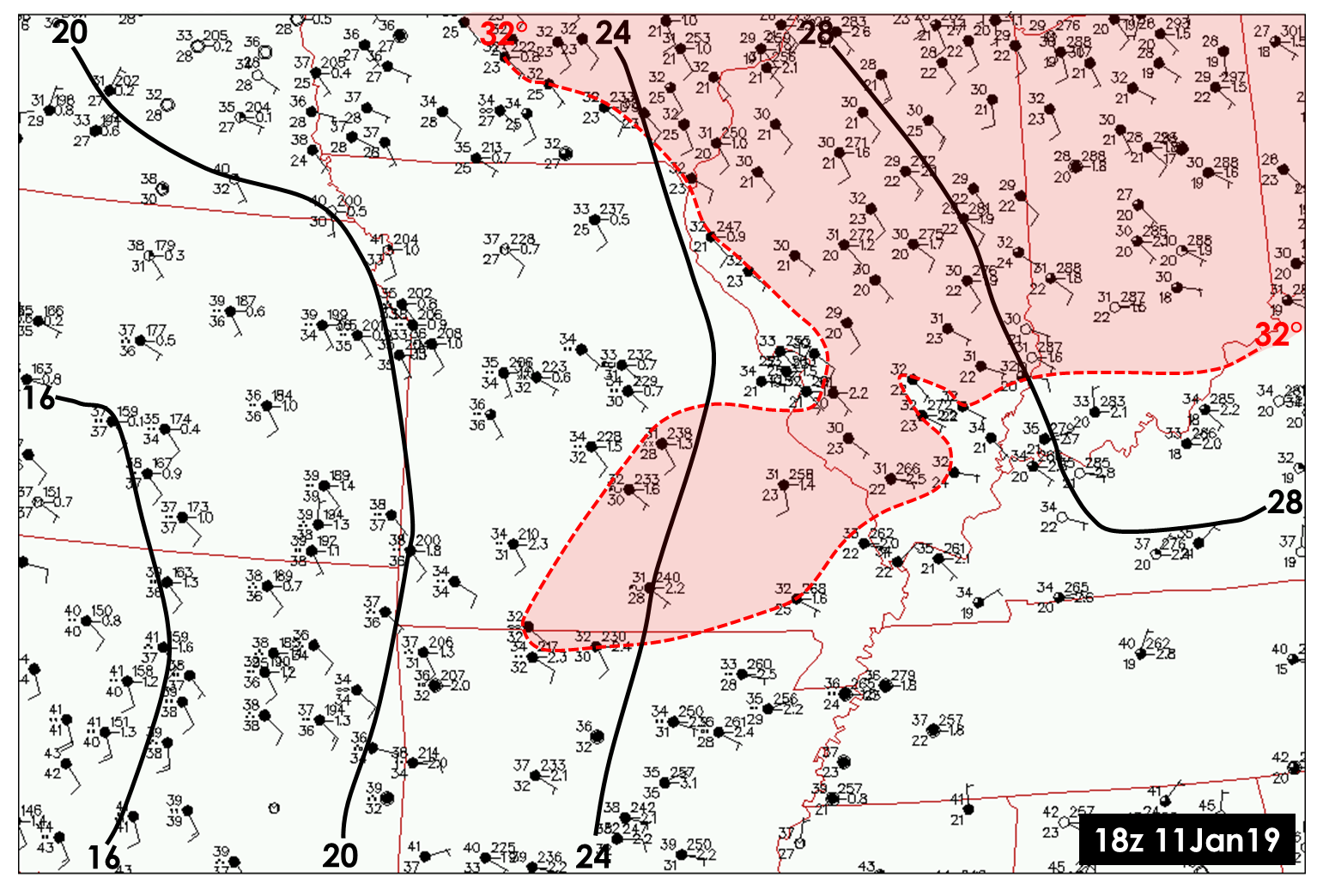 Surface map plot at Noon (18z) on January 11, 2019.