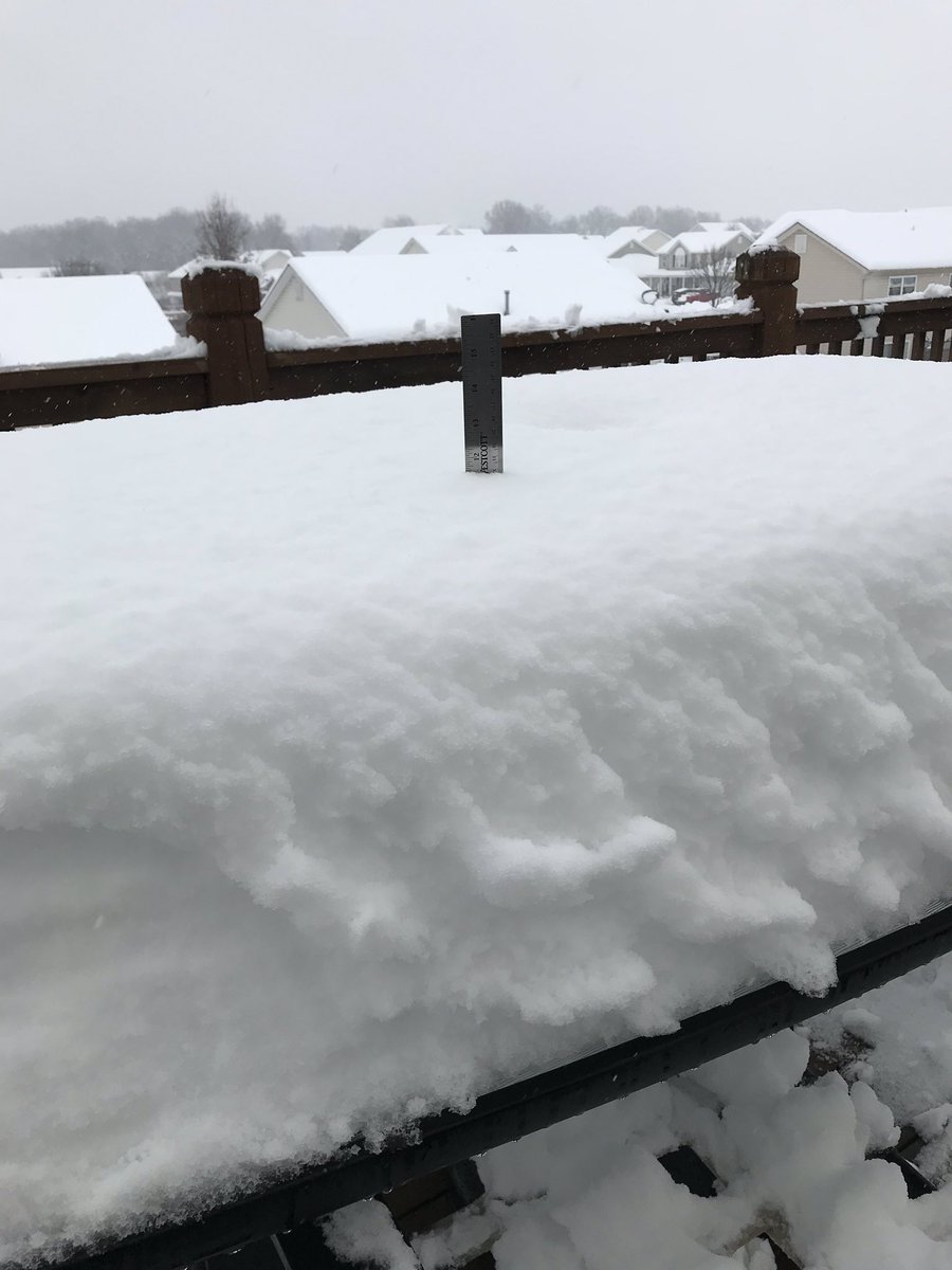 Photo of ruler being used to measure 11.5 inches of snow on a table in Wentzville, MO.
