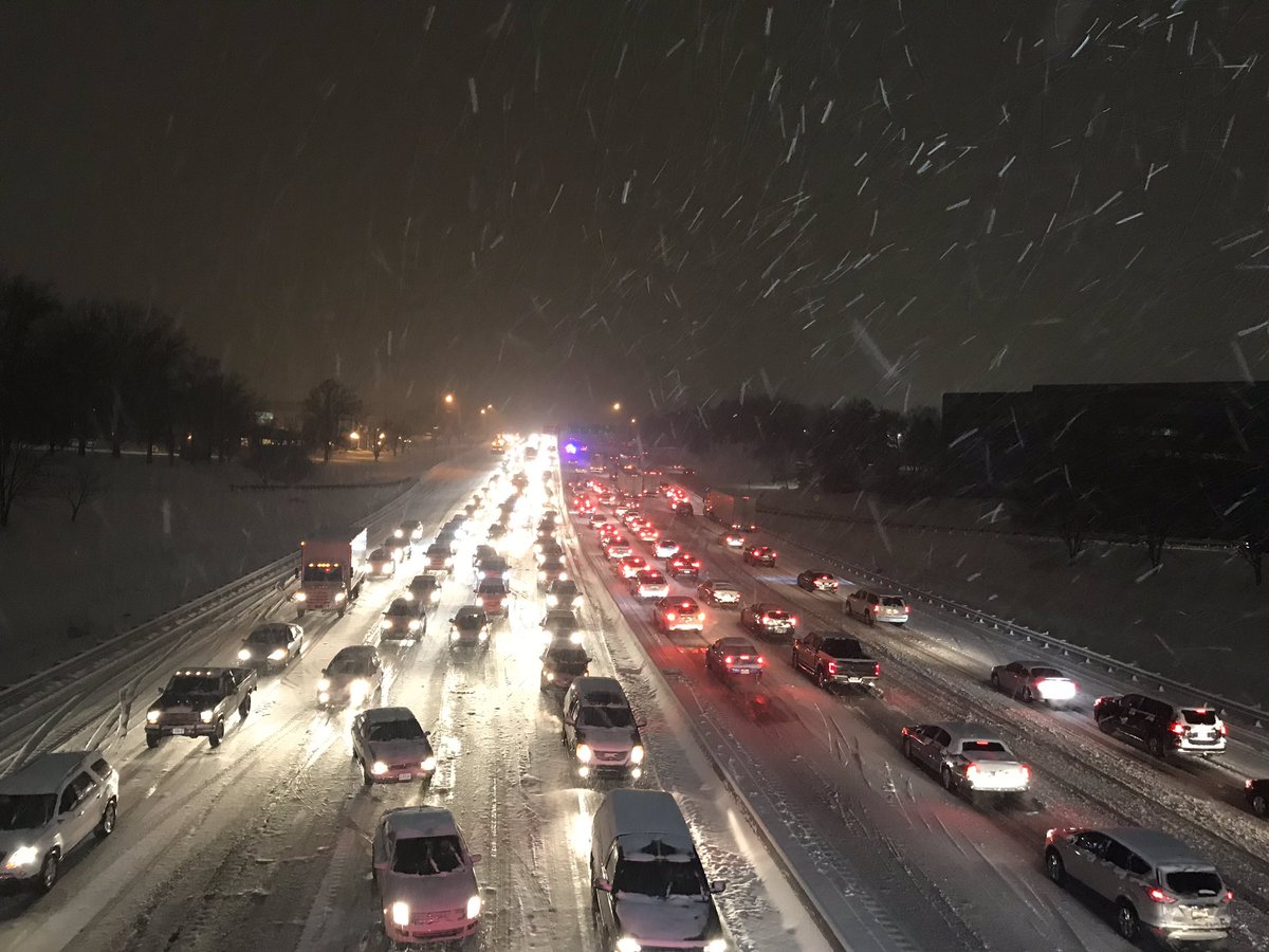 Photo of traffic near standstill at the intersection of I-64 and Highway 141.