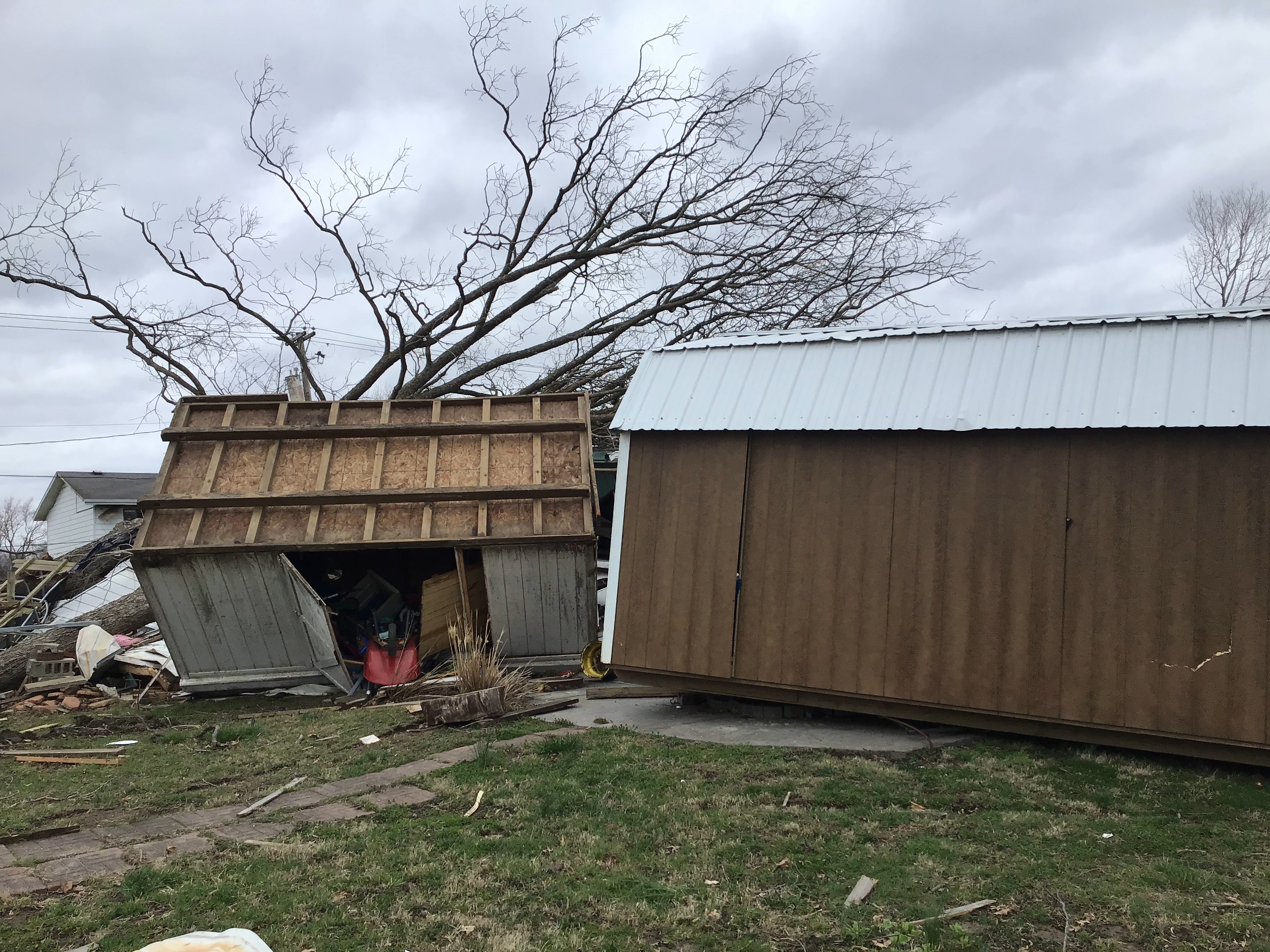 Large sheds, one blown over and other shifted off foundation.