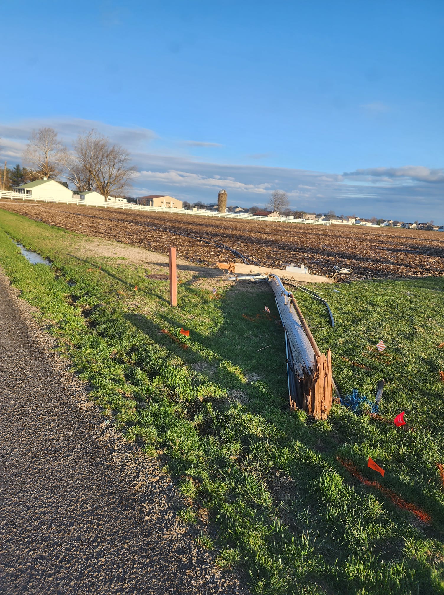 A power pole snapped at the base by straight-line winds on Roosevelt Dr. in Bethalto, IL. (Tim Bertels)