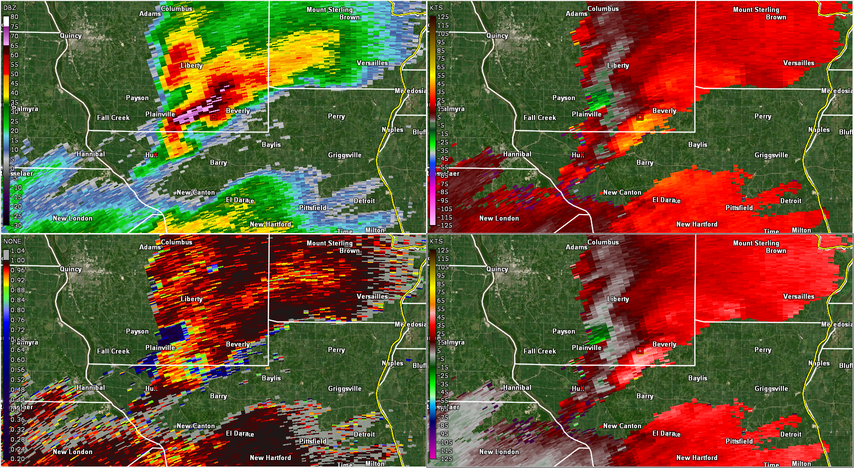 4-Panel Radar Image from KLSX in St. Louis at 424 PM as a severe storm moves through southern Brown County Illinois. Products are from half degree elevation slice.