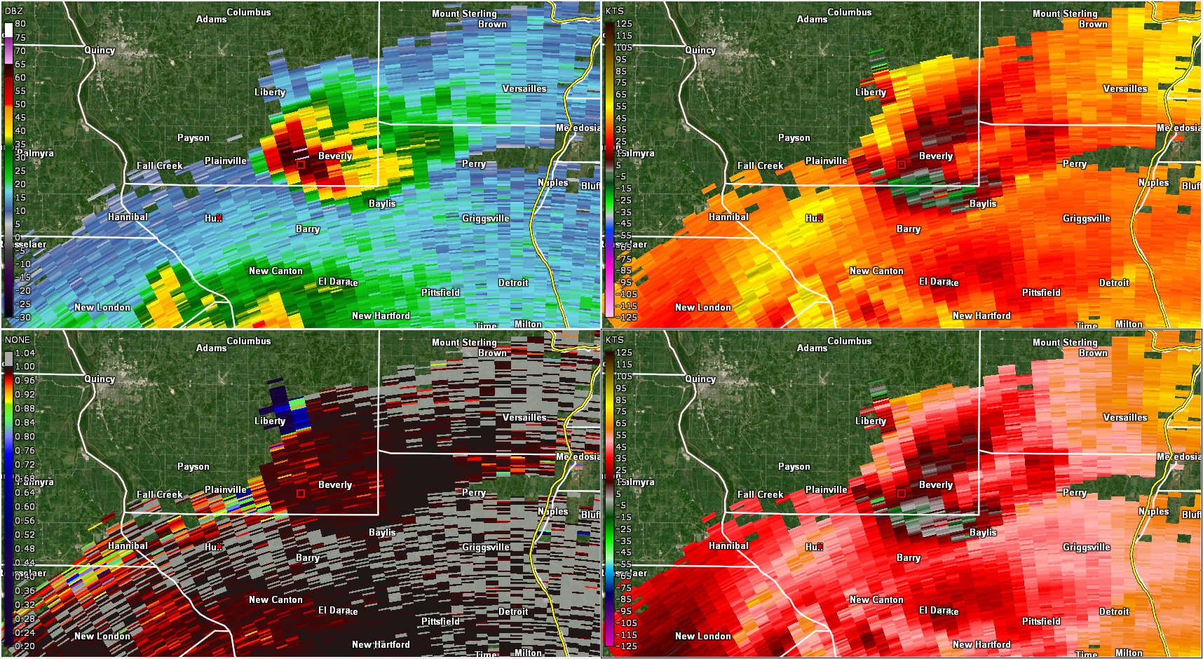 4 panel Radar Image from KLSX at 424 pm as a severe storm moves through southern Brown County Illinois. Products are from 4 degree elevation slice.