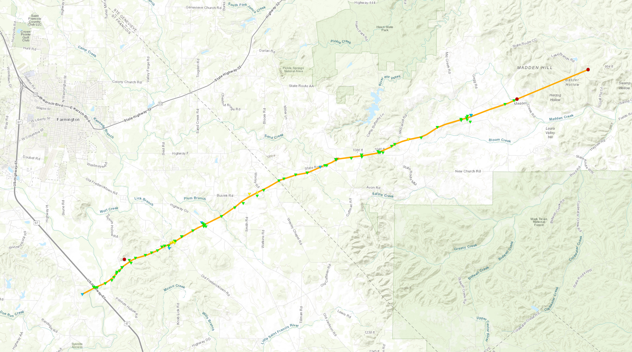 A map of the track of the Coffman, MO tornado on October 24, 2021.