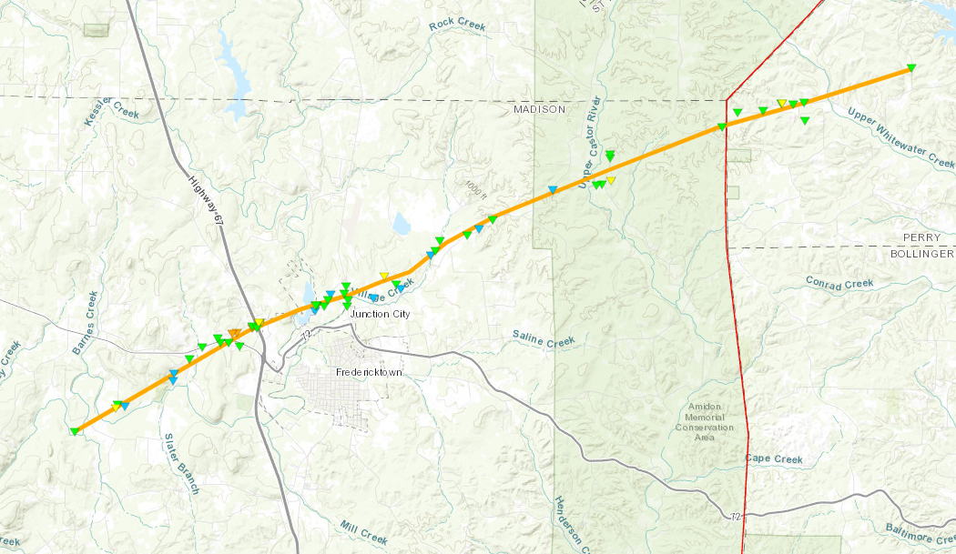 A map of the track of the Fredericktown, MO tornado on October 24, 2021.