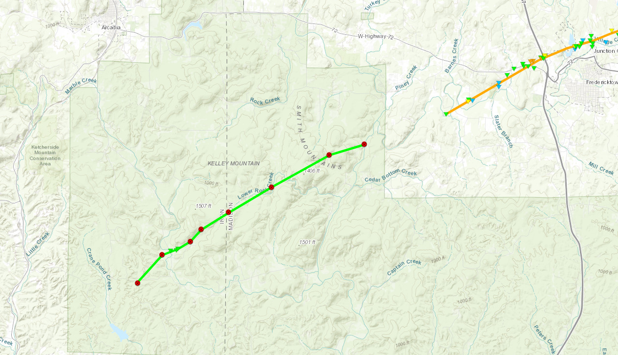 A map of the track of the Iron County into Madison County, MO tornado on October 24, 2021.