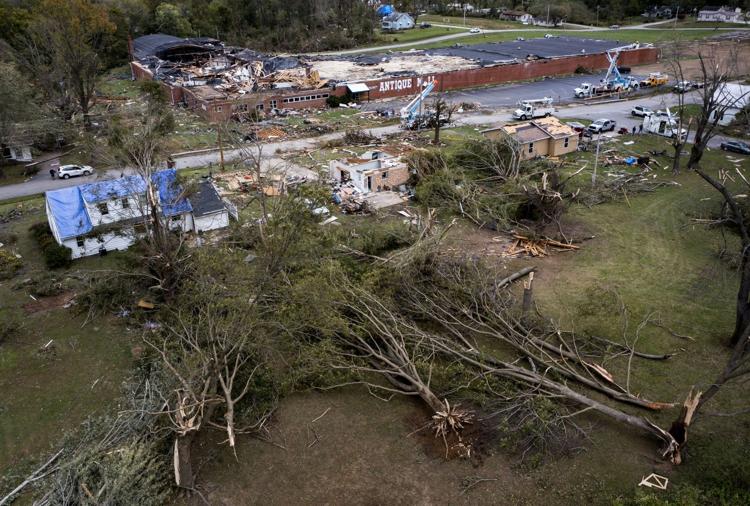 Areal view of uprooted trees and damaged homes in St. Mary Missouri.