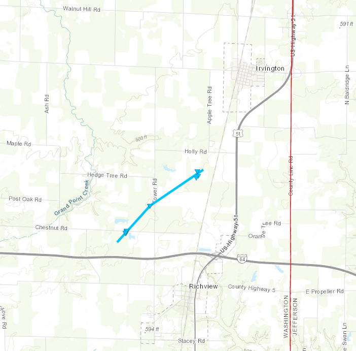 A map of the track of the Washington County Illinois tornado on October 24, 2021.