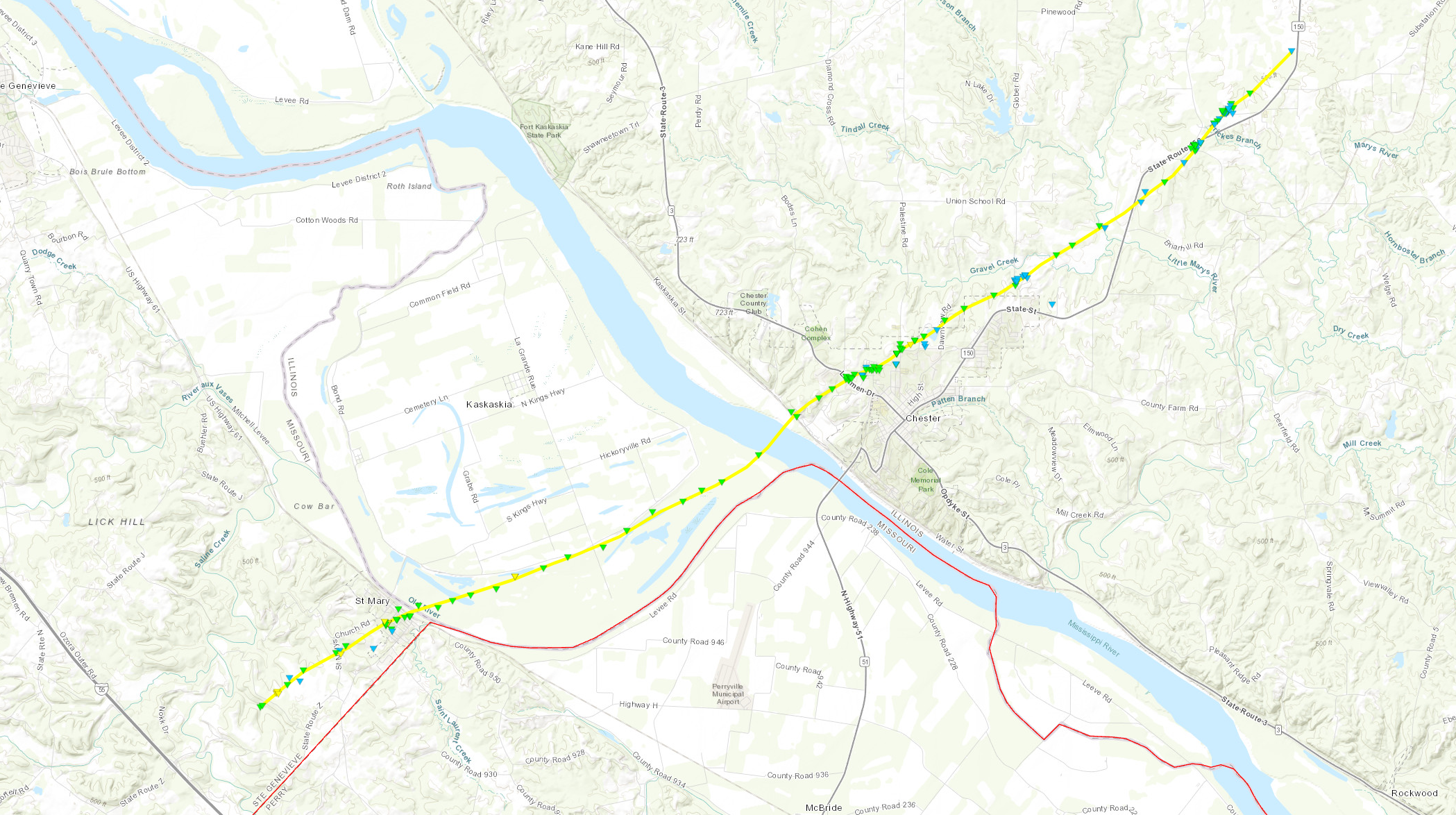 A map of the track of the St. Mary, MO to Chester, IL tornado on October 24, 2021.