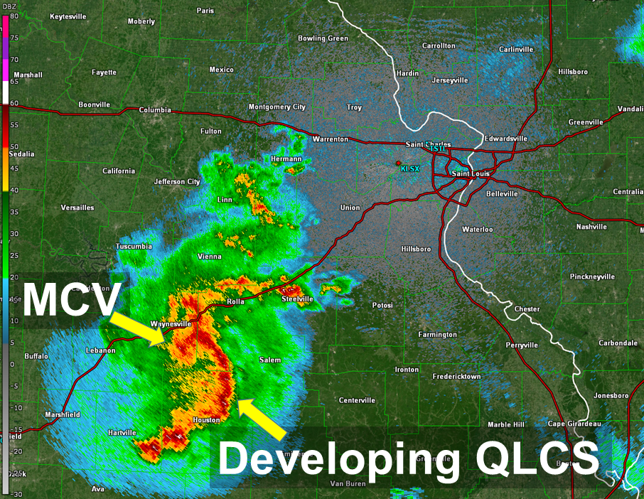Annoted radar image pointing out the two features with this event, an MCV and a developing QLCS.