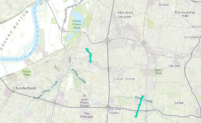 Map of Creve Coeur, MO tornado track