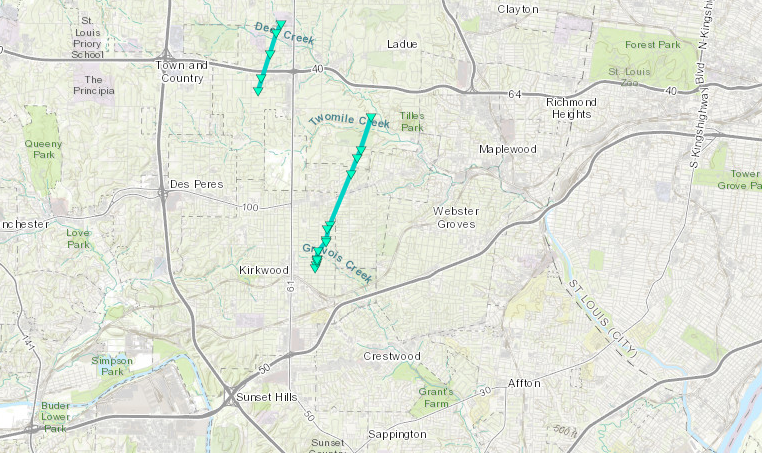 Map of Kirkwood, MO tornado track