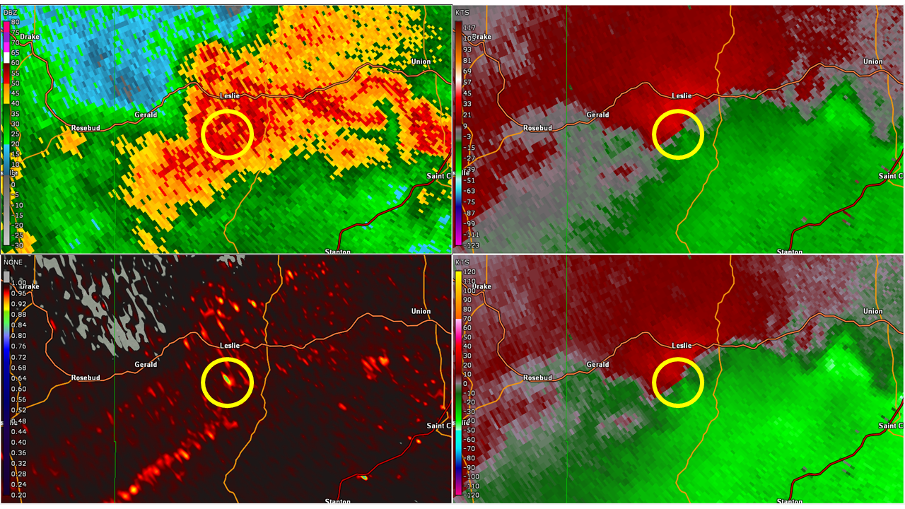 Radar data from the Leslie, MO tornado.