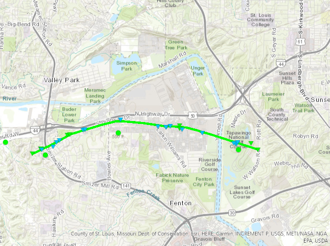 Map of Fenton, MO to Sunset Hills, MO Tornado Track