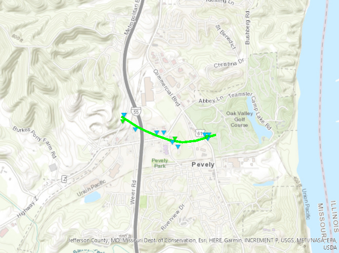 Map of Pevely, MO tornado track