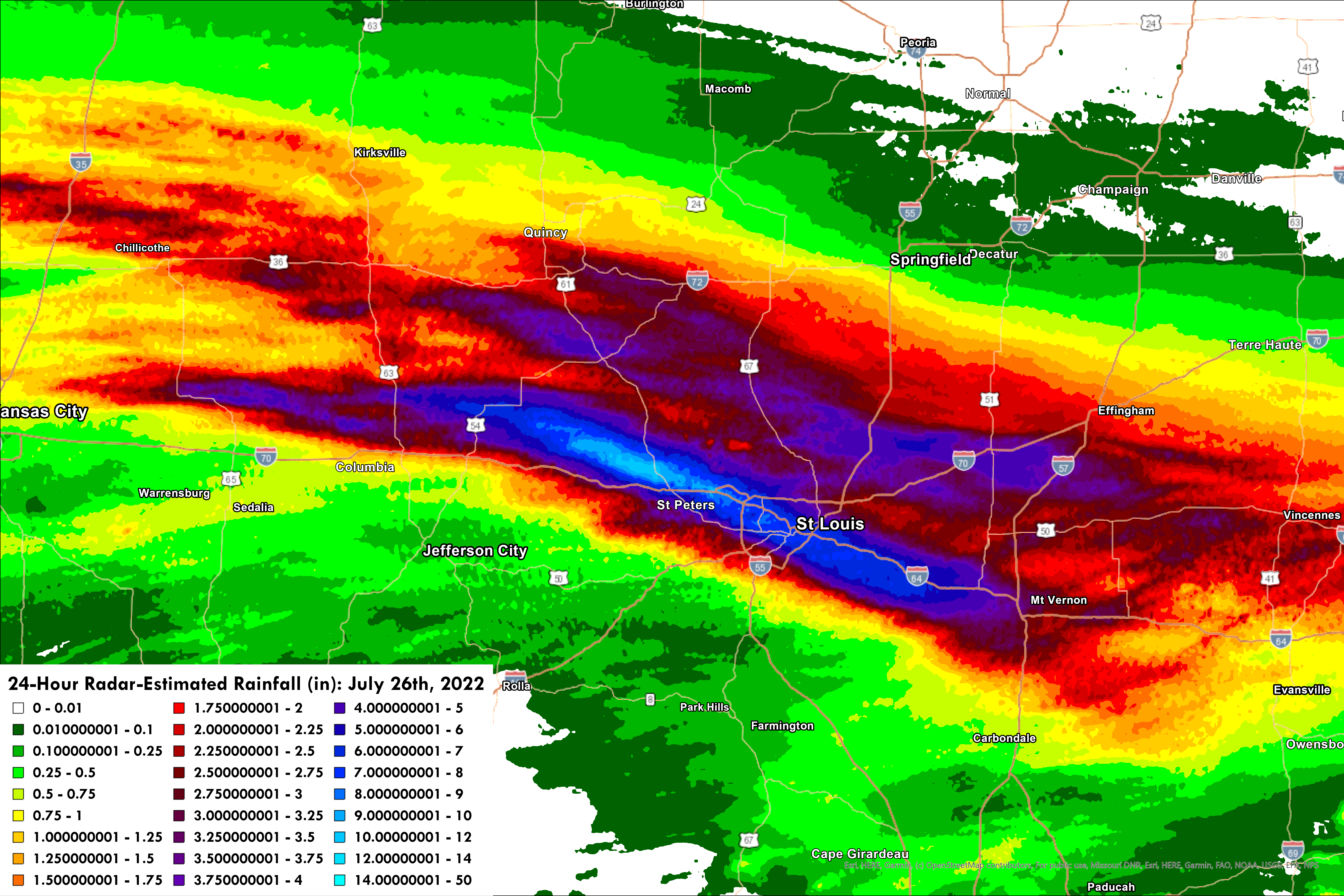 Multi-Radar Multi-Sensor (MRMS) 24hr Radar-Estimated Rainfall as of 12pm on July 26th, 2022.