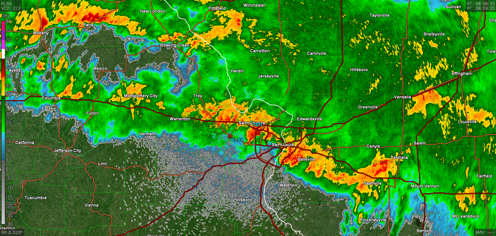 Image of radar reflectivity from KLSX in St. Louis valid at 3:59am July 26th.