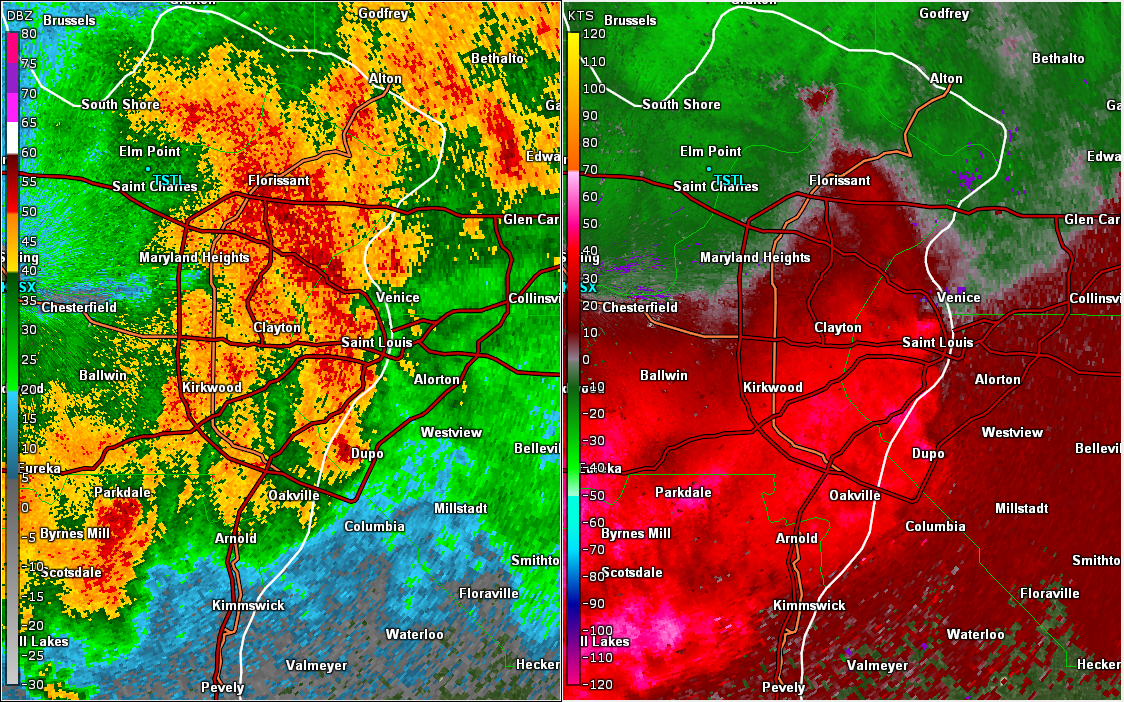 Two panel radar image of storm that moved through the St. Louis metro area.