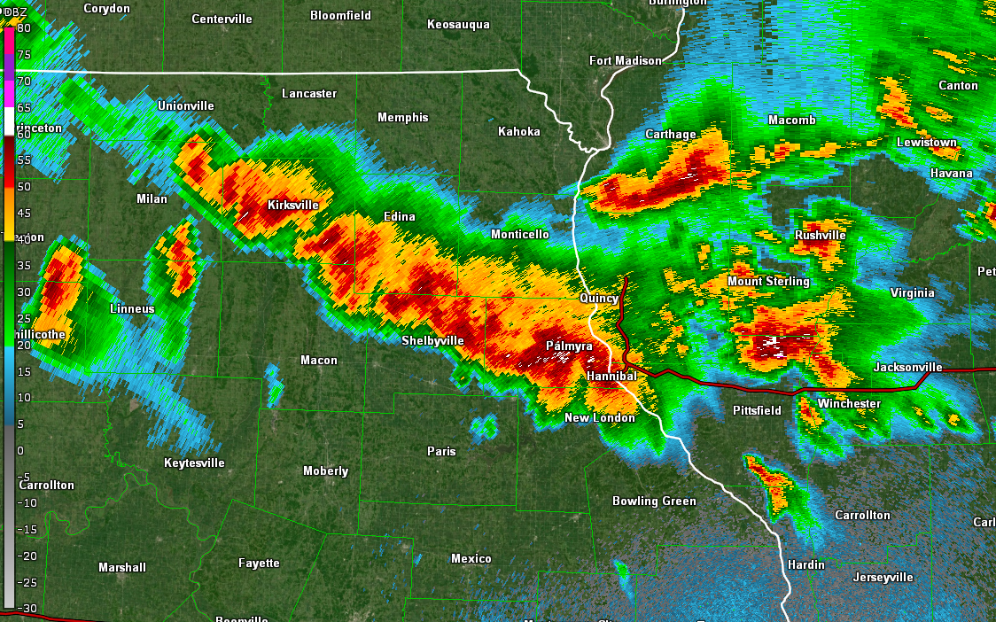 Radar image of a line of storms that caused damage in northeastern Missouri.