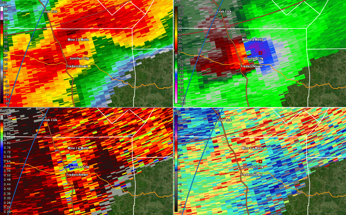 A four panel radar image of the Fredericktown, Missouri tornado at 857 pm on October, 24, 2021.