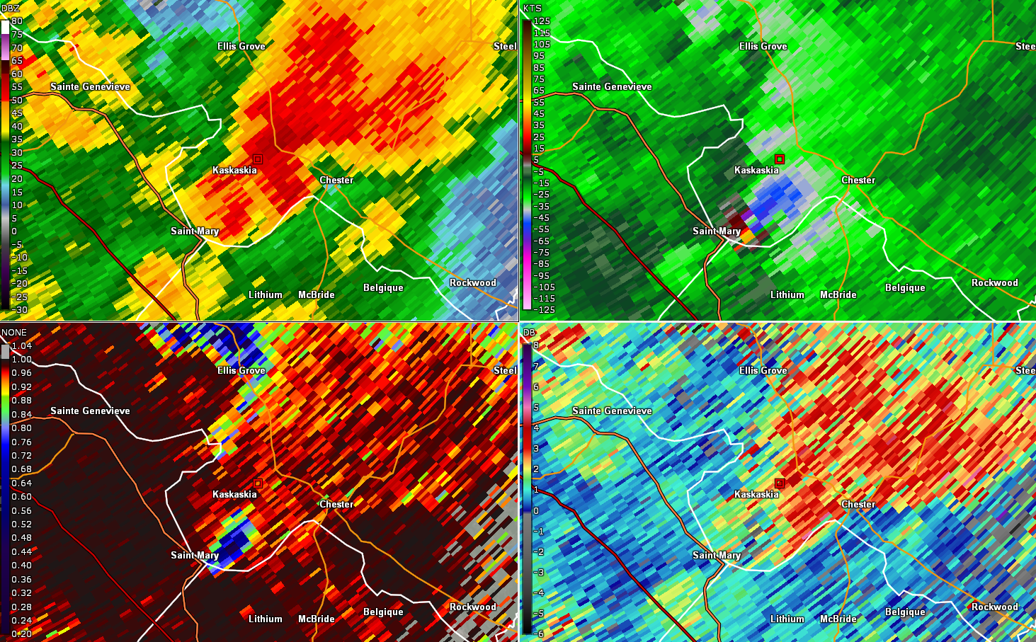 A four panel radar image of the St. Mary, MO to Chester, IL tornado at 909 pm on October, 24, 2021.