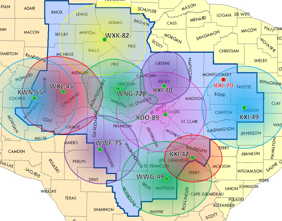 Map with all of the NOAA weather radio stations located in NWS St. Louis forecast area. Each station ID is displayed with coverage area depicted.