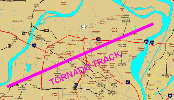 Map of the tornado track of the January 24th, 1967 tornado through western and northern St. Louis County Missouri.