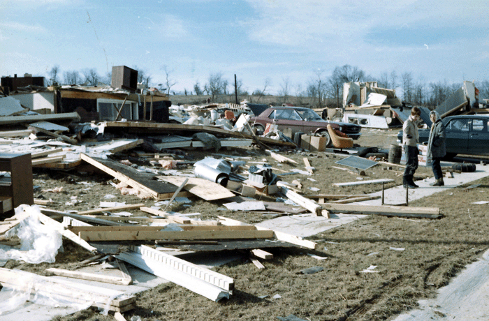 Photo of destroyed house on Glengate Drive in Maryland Heights, MO.