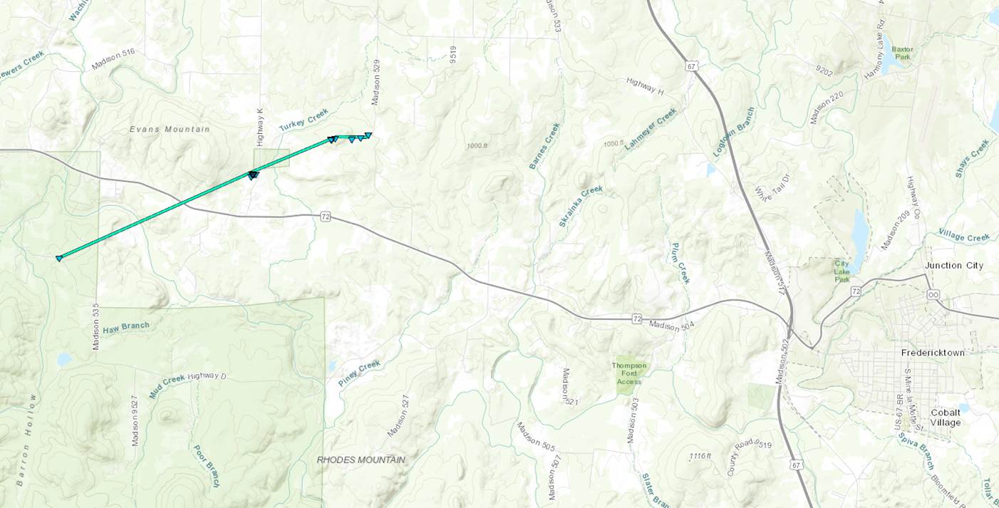 Map of tornado track northwest of Fredericktown, MO on February 28th, 2017.