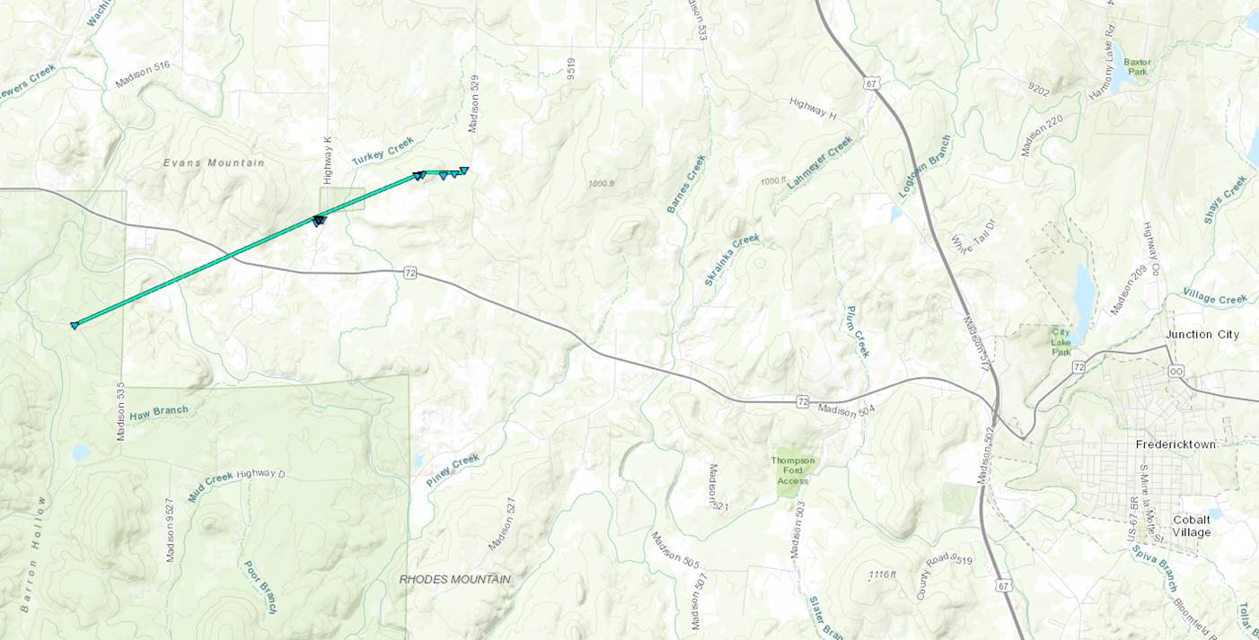 Map of tornado track northwest of Fredericktown, MO on February 28th, 2017.