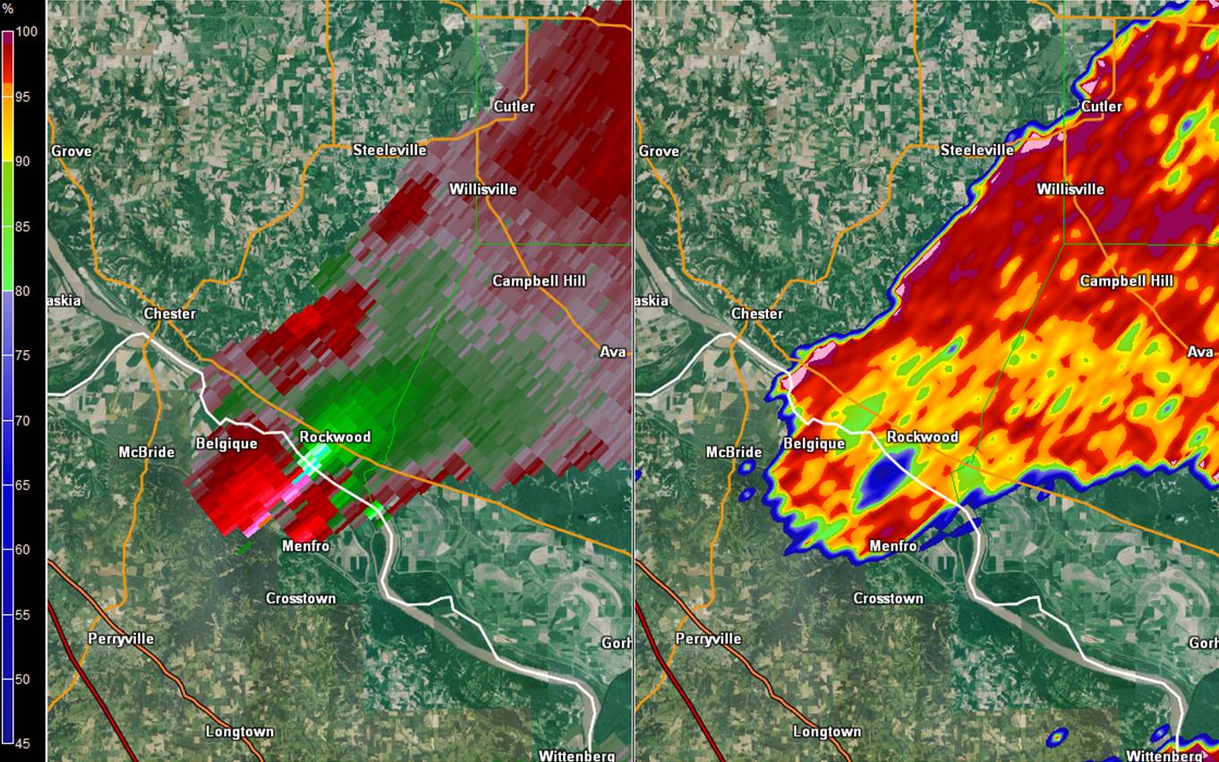 Radar two panel of Randolph County IL portion of tornado on February 28th, 2017, storm relative velocity and debris signature.