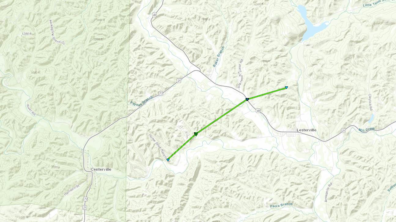 Map of tornado track northwest of Lesterville, MO on February 28th, 2017.