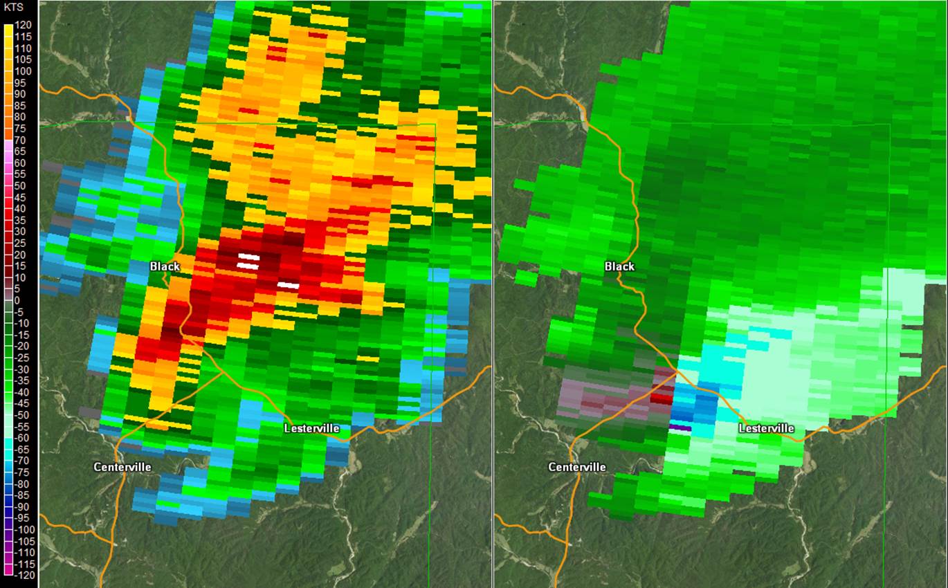 Radar two panel of Lesterville, MO tornado on February 28th, 2017, reflectivity and storm relative velocity.