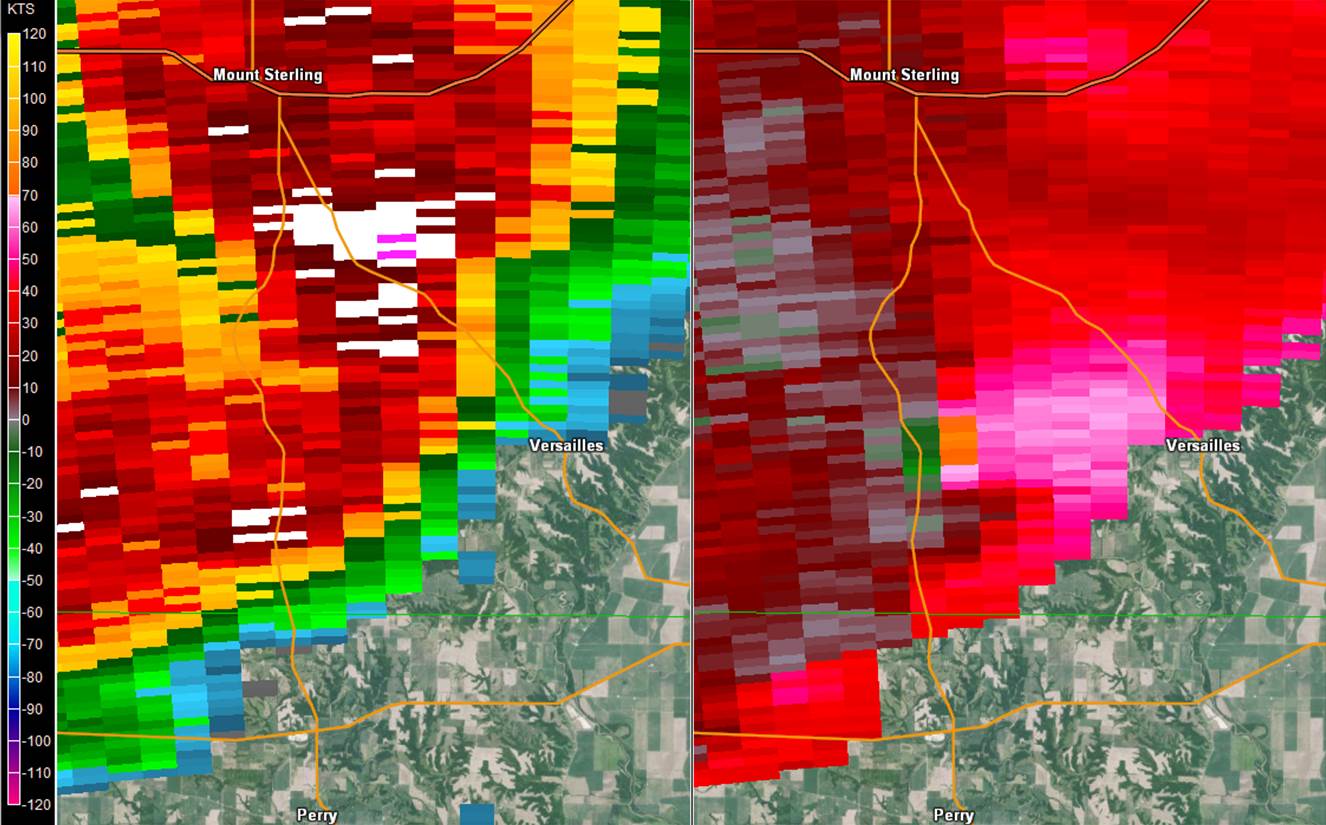 Radar two panel of Versailles, IL tornado on February 28th, 2017, reflectivity and storm relative velocity.